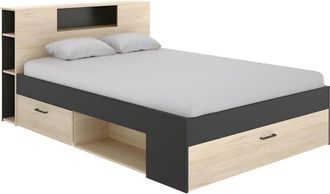 Vente-Unique Vente-unique - Letto matrimoniale alla francese con testiera portaoggetti e cassetti 140 x 190 cm Quercia e antracite - leandre