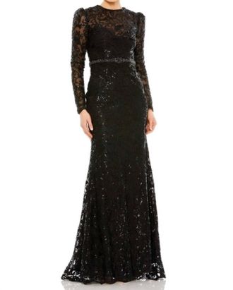 Mac Duggal Embellished High Neck Long Sleeve Gown In Black
