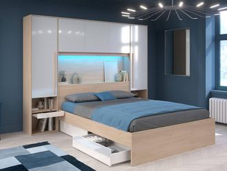 Vente-Unique Overbed Storage - With Leds - L265 Cm - Colours: Gloss White and in Light Oak | Size: Double