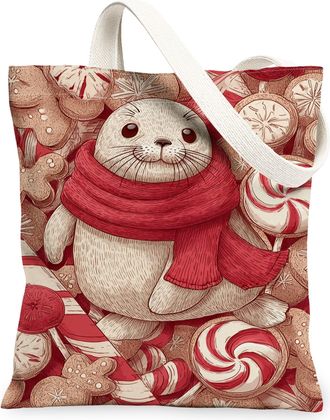 Generic Holiday Seal Canvas Tote Bags, Cute Animal Candy Pattern Reusable Bags, Festive Vintage Lightweight Washable Shoulder Strap Canvas for Travel 13x15 In