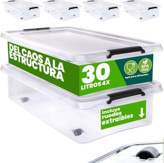 Deuba Caja Almacenamiento Pl&aacute;stico Transparente Resistente Capacidad 30 &Oacute; 60 Litros Organizador Con Tapa 4 Ruedas Libre De Bpa Contenedor Apilable 4x 30l (d