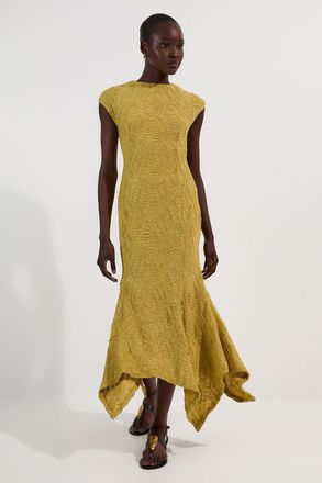 Karen Millen Womens Textured Hanky Hem Short Sleeve Trim Detail Jersey Maxi Dress - Yellow - Size Small