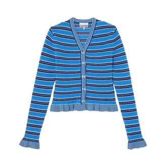 Ganni Cardigans, female, Blue, Size: S Cotton Pointelle Stripe Cardigan Marina