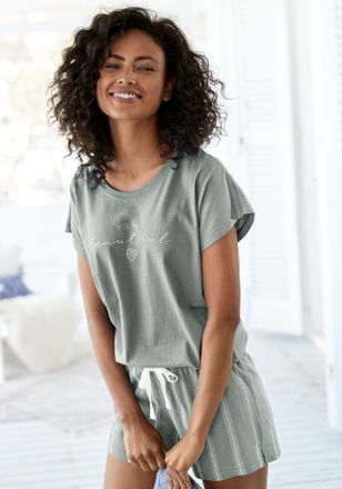 Vivance Shorty VIVANCE DREAMS, Damen, Gr. 36/38, gr&uuml;n (gr&uuml;n gestreift), Single Jersey, Obermaterial: 100% Baumwolle, Basic, bequem kurz, Rundhals, Homewear-Se