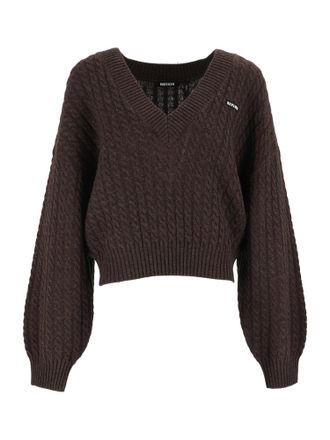 Rotate Brown Regular-Fit Cable-Knit V-Neck Sweater