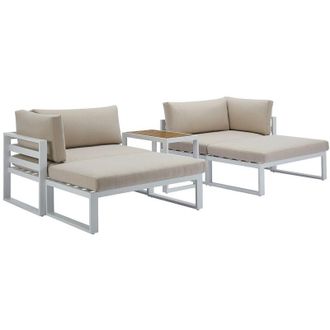 Vente-Unique Salotto giardino modul. Alluminio: 2 poltrone angolari 2 pouf tavolino Bianco cuscini Beige - NOLLAY di MYLIA