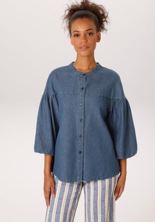 Aniston Jeansbluse ANISTON CASUAL, Damen, Gr. 44, blau (dunkelblau), Denim/Jeans, Obermaterial: 100% Baumwolle, Abriebeffekte, oversize h&uuml;ftbedeckend, Rundhal