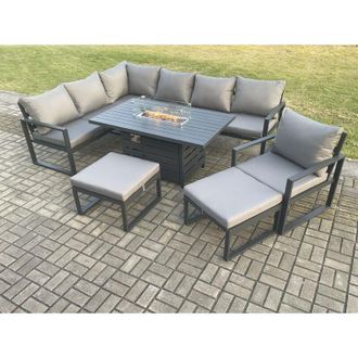 Fimous Fimous Aluminium Patio Outdoor Garden Furniture Corner Sofa Set Gas Fire Pit Dining Table with Chair 2 Big Footstools Dark Grey