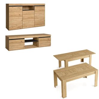 Skraut Home Skraut Home - Set Naturale Sal&oacute;n Comedor, Mueble Auxiliar, Buffet-mueble Tv 140cm-mesa Extensible Roble Negro N&oacute;rdico