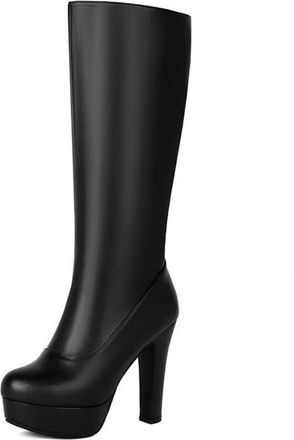 Generic Womens High Heeled Platform Long Boots Round Toe Knee High Boot PU Leather Knight Boots with Side Zipper,Black,6.5 UK
