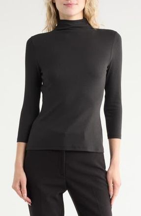 Nordstrom Three-Quarter Sleeve Stretch Pima Cotton Mock Neck T-Shirt in Black at Nordstrom Rack, Size Xx-Small