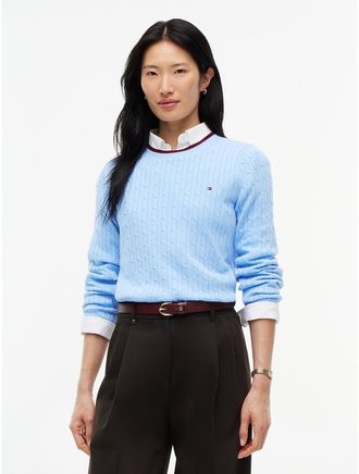 Tommy Hilfiger Womens Cable Knit Tipped Crewneck Sweater - Vessel Blue - XXL