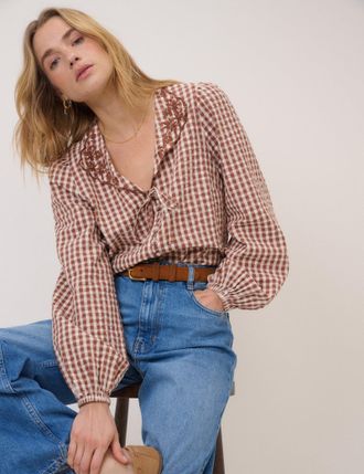Nobody's Child Brown Gingham Embroidered Floral Collar Blouse