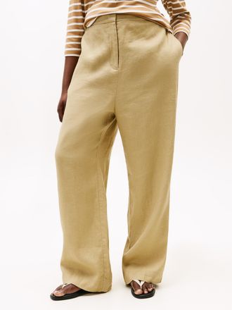 Tommy Hilfiger Leinenhose TOMMY HILFIGER CURVE CRV ESS LINEN TAILORED STRT PANT, Damen, Gr. 46, N-Gr, braun (camel), Web, Obermaterial: 76% Leinen, 24% Lyocell, unif
