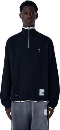 Miharayasuhiro Mihara Yasuhiro, Truien & Vesten, Heren, Zwart, S, Katoen, Gedistresseerde Katoenen Gebreide Half-Zip Trui