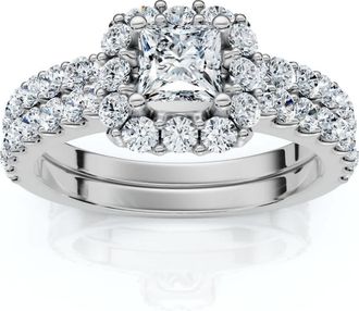 Pompeii3 1.50Ct Princess Cut Halo Diamond Engagement Wedding Ring Set 14k Gold Lab Grown