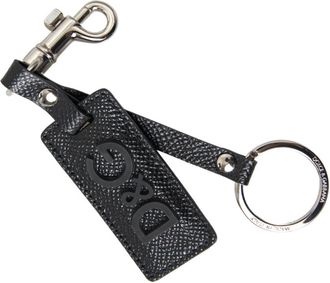 Dolce & Gabbana Black DG Logo Leather Silver Metal Mens Keychain