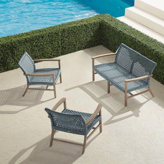 Frontgate Isola 3-pc. Loveseat Set in Weathered Teak & Harbor Blue Wicker - Frontgate