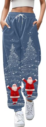 Generic Christmas Joggers for Women UK Funny Print Holiday Sweatpants High Waist Baggy Trousers Oversized Xmas Drawstring Jogging Pants Ladies Gym Walking Spo