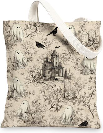 Generic Ghost Canvas Bags, Haunted Pattern Reusable Shopping Bags, Gothic Style, Spooky, Lightweight, Washable, beige, 13x15 Inch