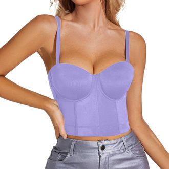 Generic LOIJMK Womens Corset Top Bustier Corset Top Tight Fitting Corset Tank Top Straps Top Solid Short Fashion Shirt with Lace, purple, L