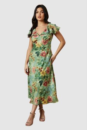 Oasis Floral Satin Burnout Ruffle Midi Dress in Sage at Nordstrom, Size 12