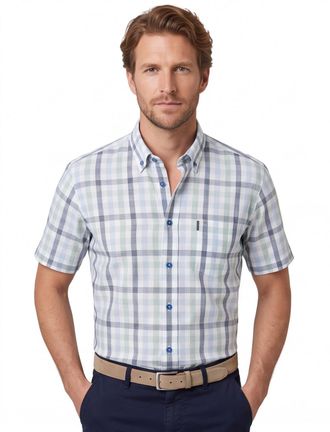 Giordano Overhemd Giordano groen blauw geruit met borstzak