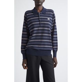 Wales Bonner Beam Stripe Long Sleeve Merino Wool Polo in Chambray Blue/navy/rooibos at Nordstrom, Size X-Small