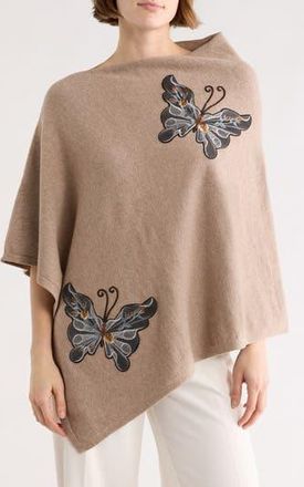 La Fiorentina Butterfly Embroidered Poncho in Oatmeal at Nordstrom Rack