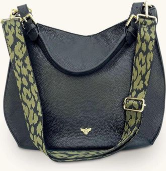 Apatchy London The Harriet Black Leather Bag With Olive Green Cheetah Strap