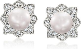 Ross-Simons 6-6.5mm Cultured Pearl North Star Earrings With. Diamonds in Sterling Silver