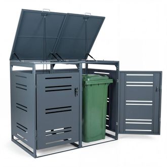 Costway Costway Outdoor Garbage Bin Storage Shed Lockable Double Trash Can Enclosure in Grey