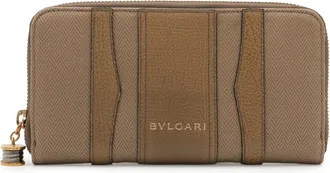 Bulgari Dark Beige Leather Canvas Long Wallet (Bi-Fold) (Pre-Owned)