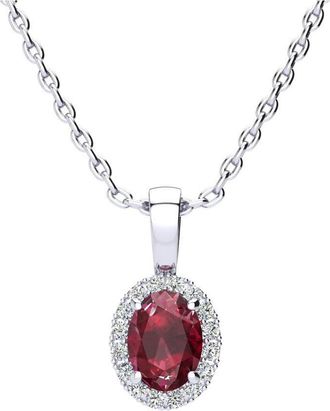 SuperJeweler 1 Carat Oval Shape Gemstone and Halo Diamond Necklace In Sterling Silver With 18 Inch Chain