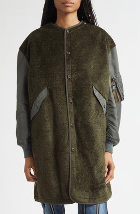 Junya Watanabe High Pile Fleece & Nylon Bomber Coat in Khaki X Sage Green at Nordstrom, Size Small