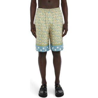 Versace Polka Dot Allover Logo Linen Shorts in 5V510-Light Blue Ivory at Nordstrom, Size 38 Us