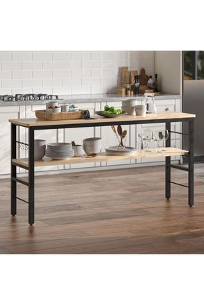 Living and Home 160 cm W x 40cm D x 80 cm H 2-Tier Microwave Stand Shelf Kitchen Organizer with Hooks Black in Natural