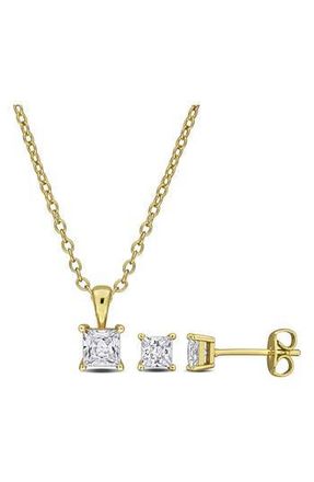 Delmar Square Cubic Zirconia Stud Earrings & Pendant Necklace Set in Gold at Nordstrom Rack