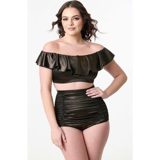 Unique Vintage Ruffled Ramona Swim Top in Black Gold Shimmer at Nordstrom, Size Medium