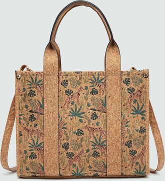 Generic Natural Cork Floral Print Crossbody Bag, Vegan Leather Handbag with Shoulder Straps, 34.5 x 28 x 12.5 cm (BROWN LEOPARD)