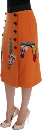 Dolce & Gabbana Womens Orange Wool Crystal Sequin Appliques Skirt Virgin