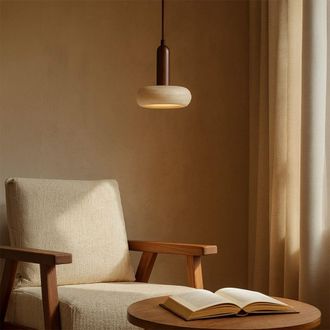 Concept Usine L&aacute;mpara colgante de dise&ntilde;o cil&iacute;ndrico en travertino y madera con efect