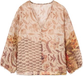 Oltre Overhemden, Dames, Beige, L, Nylon, Gebloemde Lyocell Blend Blouse