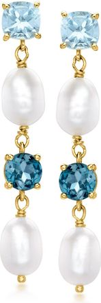 Ross-Simons 5.5-6mm Cultured Pearl and Tonal Blue Topaz Drop Earrings in 18kt Gold Over Sterling