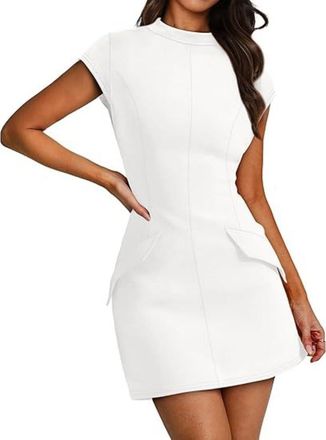 Generic Womens Round Neck Tight Short Sleeve Dress (White,XXL)