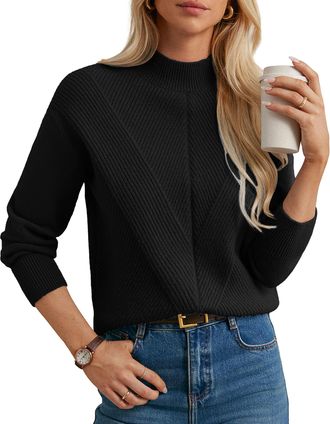 Grace Karin Women Loose Fit Knitted Sweater Casual High Neck Long Sleeve Jumper Pullover CL24-01/Black XL