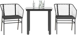 vidaXL Set Comedor Jard&iacute;n 3 Pzas Cojines Rat&aacute;n Sint&eacute;tico Vidrio Negro Vidaxl