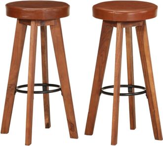 vidaXL Vidaxl - Taburetes De Cocina 2 Uds Cuero Aut&eacute;ntico Madera Maciza Acacia