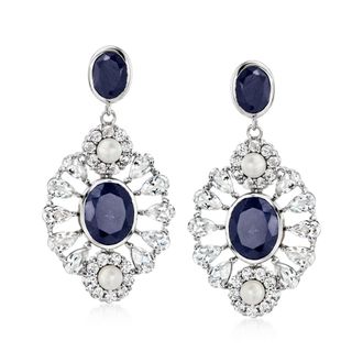 Ross-Simons 4-4.5mm Cultured Pearl and Sapphire Drop Earrings With White Topaz in Sterling Silver