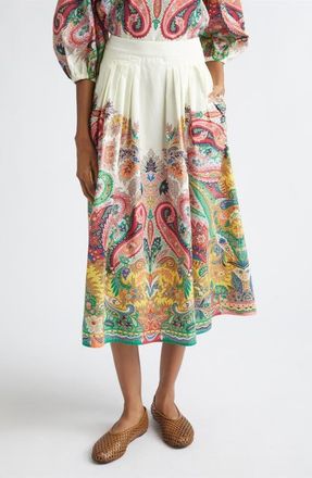Etro Paisley Pleated Cotton Voile Midi Skirt in Print On White Base at Nordstrom, Size 10 Us